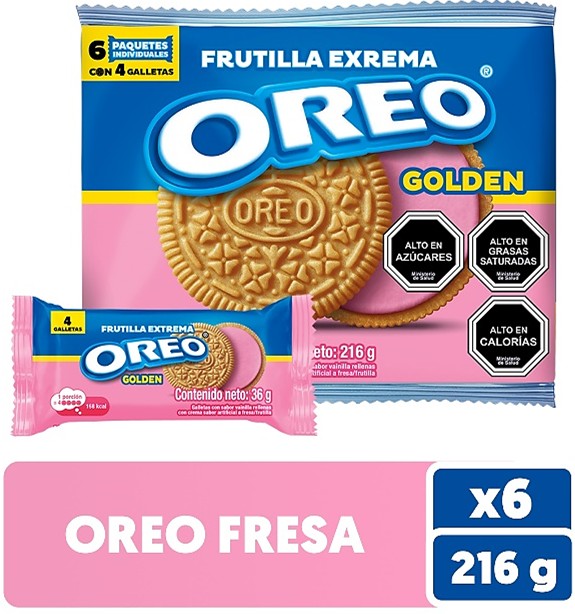 Oreo six pack fresa, galleta de vainilla con crema de frutilla, 216gr.